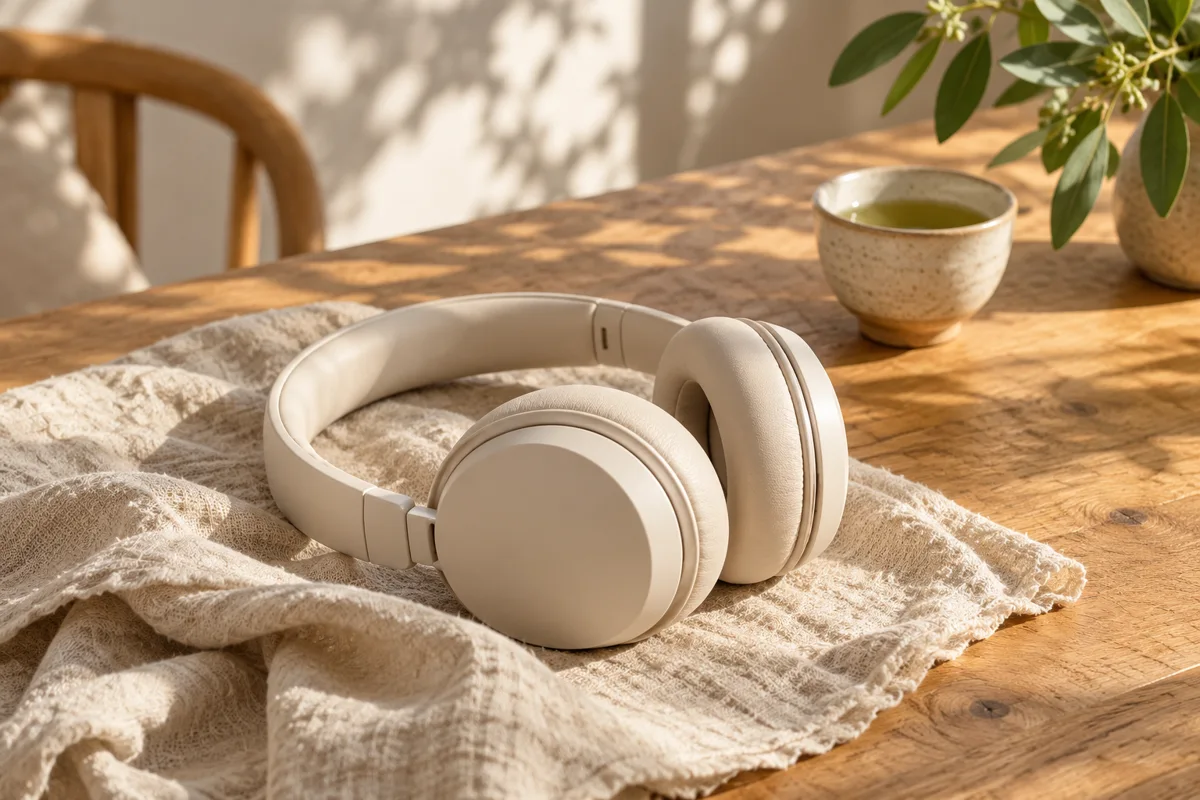 Headphones resting on soft linen in morning light