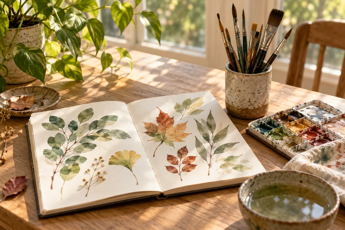 Paintbrushes and an open sketchbook on an artist's desk
