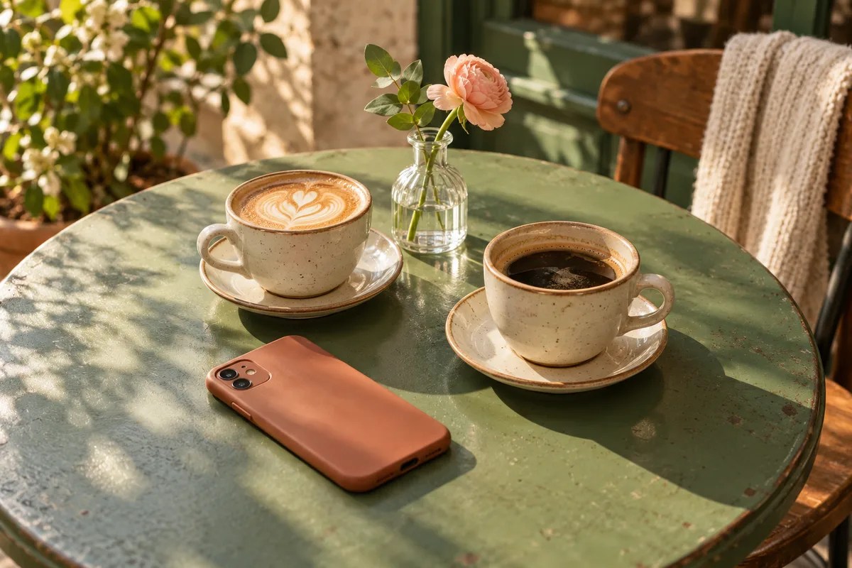 Two coffee cups and a phone on a sunlit cafe table