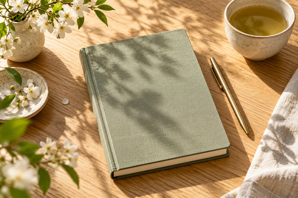 A journal and pen on a sunlit table