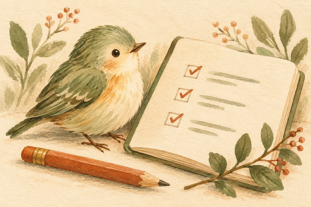 Illustration of a small bird beside a simple daily checklist